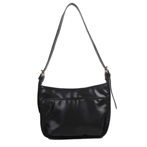 Minimalist black baguette shoulder bag in matte PU leather with golden metal buckle details