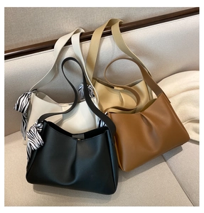 Pleated PU leather shoulder bags in black, beige, apricot, and brown with silk scarves