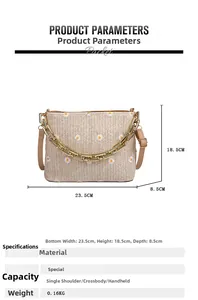 Detailansicht der gewebten Gänseblümchen Tasche mit Maßen 23,5x18,5x8,5cm und Goldkette
