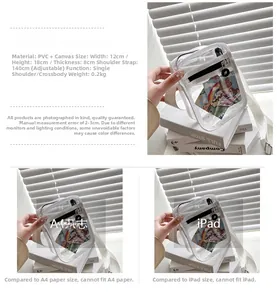 Detailed dimensions of transparent PVC small crossbody bag with 12cm x 18cm x 8cm size
