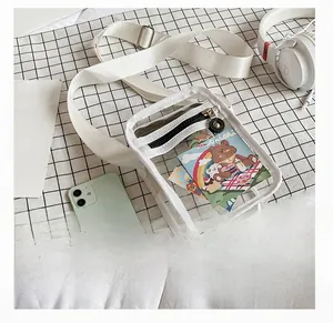 Detail view of transparent PVC crossbody bag with white strap and front zipper pocket