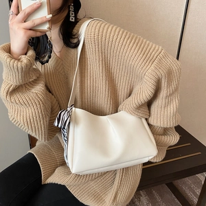 Minimalist white PU leather shoulder bag with zebra print silk scarf for women