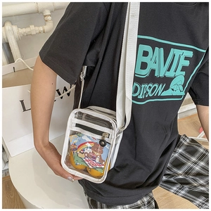 Detail of white semi-transparent PVC crossbody bag with black zipper and wide fabric strap