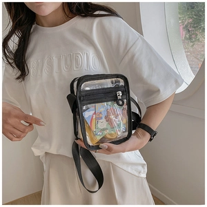 Detail of transparent PVC crossbody bag with black nylon trim and adjustable shoulder strap