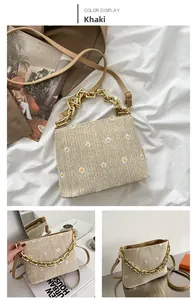 Detail der khakifarbenen Strohtasche mit Gänseblümchen-Stickerei und Goldkette