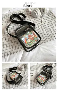 Detail view of a black transparent PVC crossbody bag with adjustable nylon strap and zipper