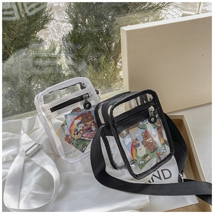 Detailed close-up of transparent PVC mini crossbody bag with thick nylon strap and metal buckle