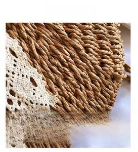 Macro shot of handcrafted straw weave pattern with white floral lace trim detail
