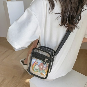 Minimalist clear PVC crossbody bag with black trim and cute cartoon bear insert card
