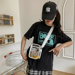 Transparent PVC mini crossbody bag with cartoon bear card and white shoulder strap