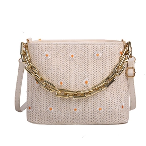 Schicke beige gewebte Stroh-Beuteltasche mit Gänseblümchen-Stickerei und goldener Kette