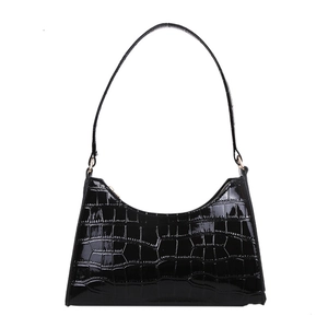 Classic black crocodile pattern leather shoulder bag with glossy finish and gold hardware