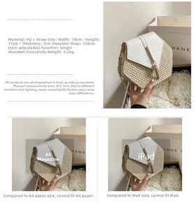 Detail view of woven straw crossbody bag with white PU leather flap and gold chain strap
