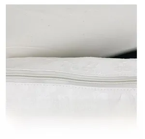 Detail shot of the white jacquard floral fabric and durable zipper on the shoulder bag