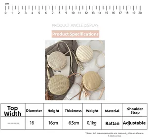 Tabella taglie con diametro 16cm e spessore 6.5cm per borsa rotonda in paglia intrecciata