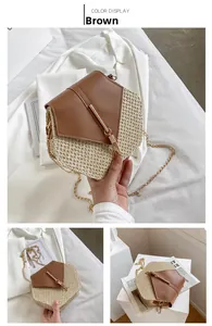 Detailed close-up of brown PU leather and beige woven straw hexagonal shoulder bag