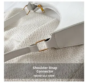Close-up of white croc-embossed shoulder bag featuring a golden square metal buckle