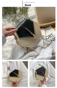Detail of hexagonal woven straw bag with black leather flap and gold chain tassel
