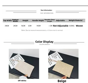 Size chart and dimensions for handmade woven straw clutch bag in beige and cream colors
