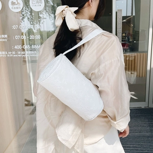 Women's Chic Nylon Barrel Shoulder Bag Floral Embroidered Cylindrical Underarm Purse Trendy Cute Mini Crossbody Handbag