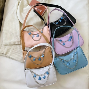Women Y2K Butterfly Decor Underarm Bag Silver Chain PU Leather Small Shoulder Bag Korean Sweet Handbag Fashion Daily Streetwear Bag