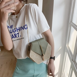 Fashion woven PU crossbody bag with mint green flap and gold chain strap for women