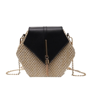 Chic hexagonal woven straw crossbody bag with black leather flap and gold chain strap