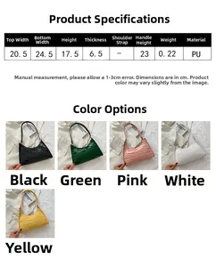 Size guide for PU leather baguette bag showing dimensions in cm and five available colors