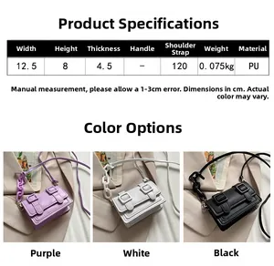 Detailed view of mini PU leather crossbody bags in purple, white and black colors