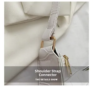Detail of white crocodile pattern shoulder bag featuring golden metal buckles and zipper