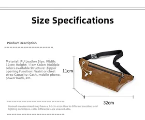 Brown PU leather waist bag detail with headphone port and dimensions 32x11cm