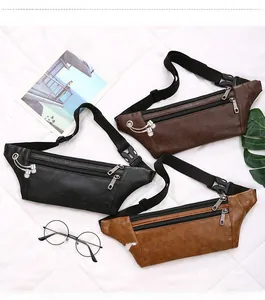 Close-up of three faux leather waist bags in black, dark coffee and caramel brown with zippers