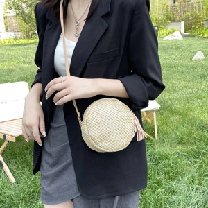 Borsa a Spalla Rotonda in Paglia Intrecciata da Donna Con Nappina Cerniera Borsa a Tracolla Casual Estate Spiaggia Vacanza