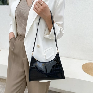 Minimalist black crocodile pattern shoulder bag for women with gold hardware detail