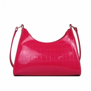 Rose red faux crocodile leather shoulder bag with vintage half-moon design and glossy finish