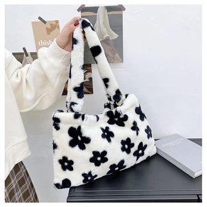 Borsa Tote in Peluche da Donna Grande Capacità Borsa a Tracolla in Pelliccia Sintetica Autunno Inverno Stampata Mucca Floreale Leopardo