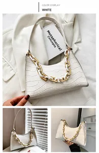 Detailed views of a white crocodile embossed baguette bag with chic mixed metal chain strap