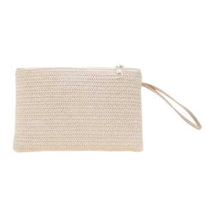 Handmade wheat straw woven clutch bag with wristlet strap and zipper closure in cream