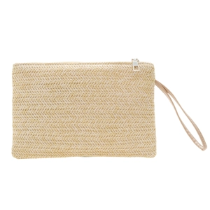 Handmade herringbone weave wheat grass straw clutch bag with zipper and wrist strap