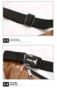 Detail of adjustable black nylon strap with plastic buckle on brown PU leather bag