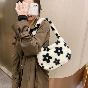 Borsa Sottobraccio in Peluche a Fiori per Donna Borsa a Spalla Pelosa Autunno Inverno Borsa con Motivo Floreale Bianco Nero