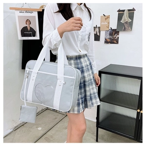 Close-up of heart-shaped clear window on light blue canvas travel tote with mini pouch