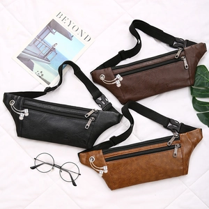 Slim multi-functional men's PU leather waist bags in black and brown with earphone port