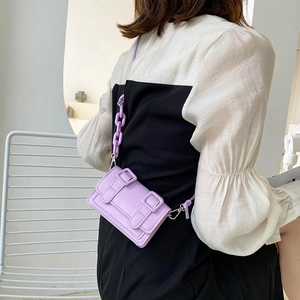 Fashionable lavender mini crossbody square bag with stylish decorative buckles and chain