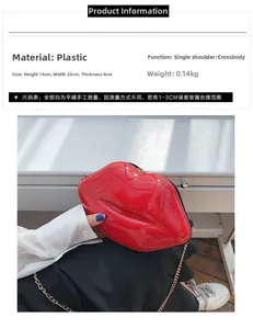 Detail view showing dimensions of red lip shaped glossy crossbody bag for women