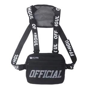 Black tactical chest rig bag with adjustable printed straps and breathable mesh back