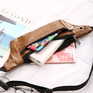 Brown PU leather crossbody chest bag for men featuring retro texture and dual zippers