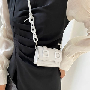 Mini white crossbody bag for women with decorative square buckles and plastic chain strap