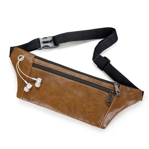 Brown retro PU leather waist bag with headphone port and adjustable shoulder strap
