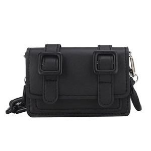 Mini black PU leather crossbody bag with dual square buckles and a chunky chain strap